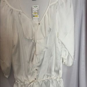 Spense Ruffled Blouse with Drawstring Peplum Size L, 3/4 sleeve, sheer, ivory